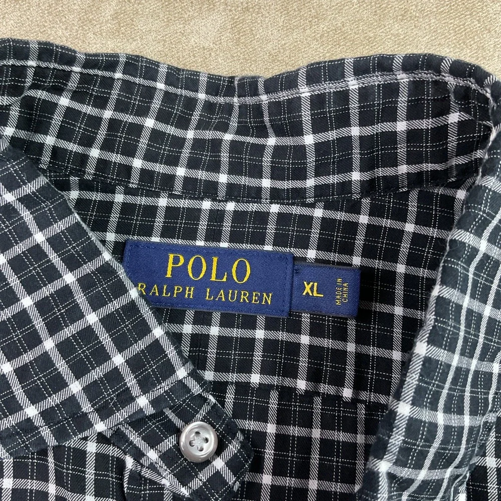 Polo Ralph Lauren Shirt Men Sz XL Plaid Checks Black White Long Sleeve Button Up